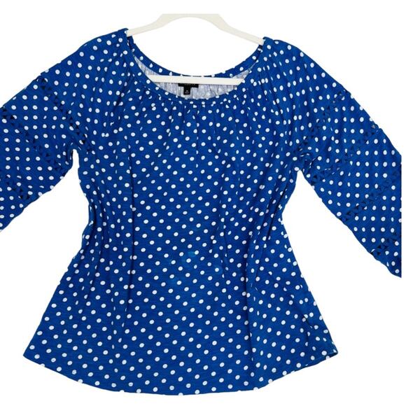 Talbots Boat Neck 3/4 Sleeve Polka Dot Knit Top Blue White Medium - Picture 2 of 10